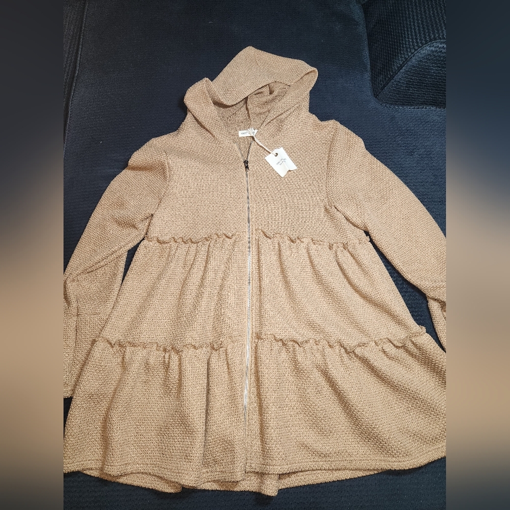 Women's Tan AndTheWhy Hooded Zip Up Cardigan Jacket Shacket Size Medium NWT